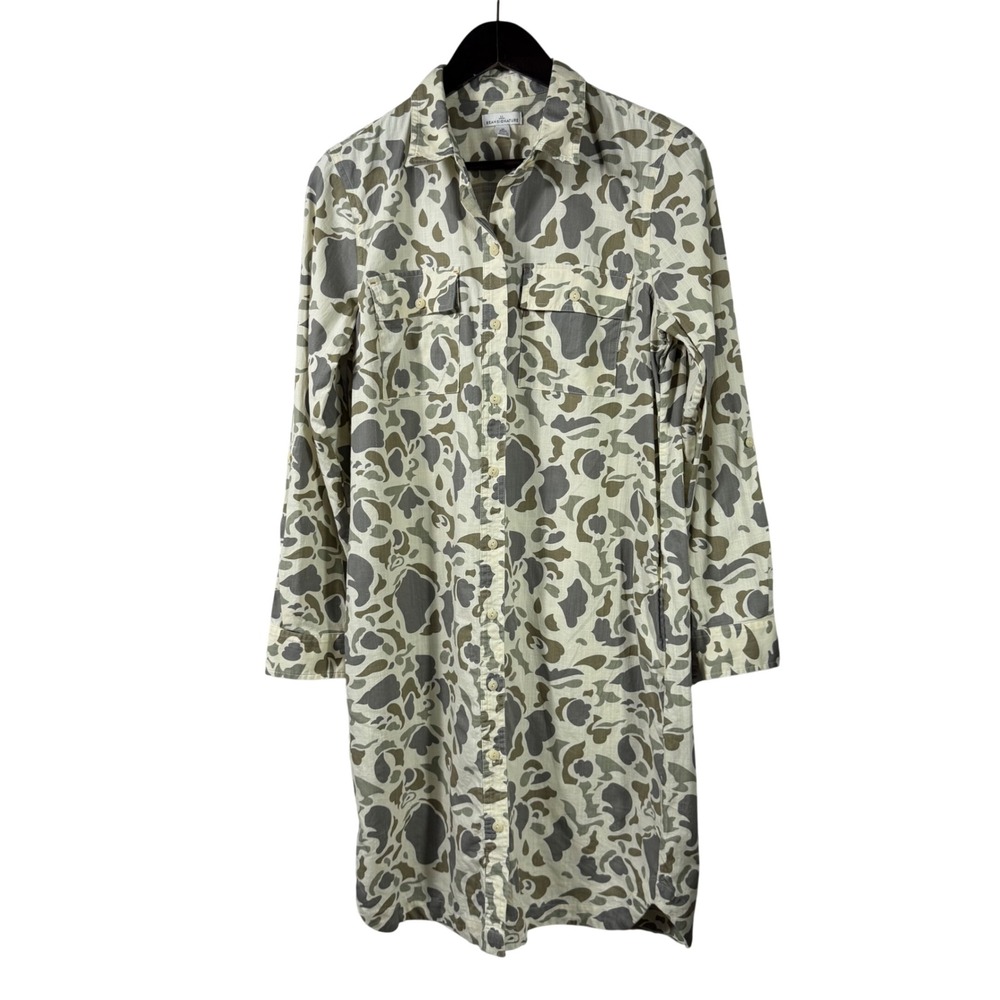 LL Bean Signature Camo Linen Shirt Dress Tan Olive Grey Button Front M - No belt